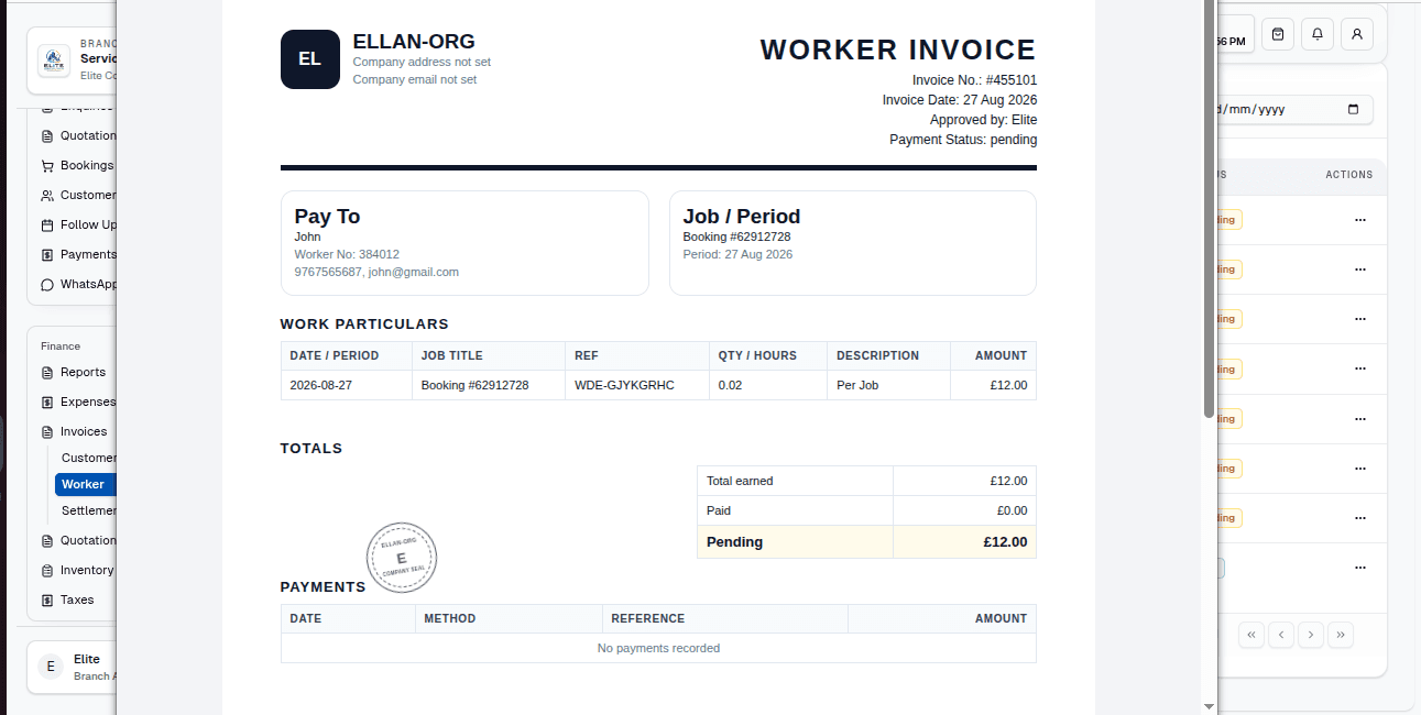 A FacilityPro job invoice