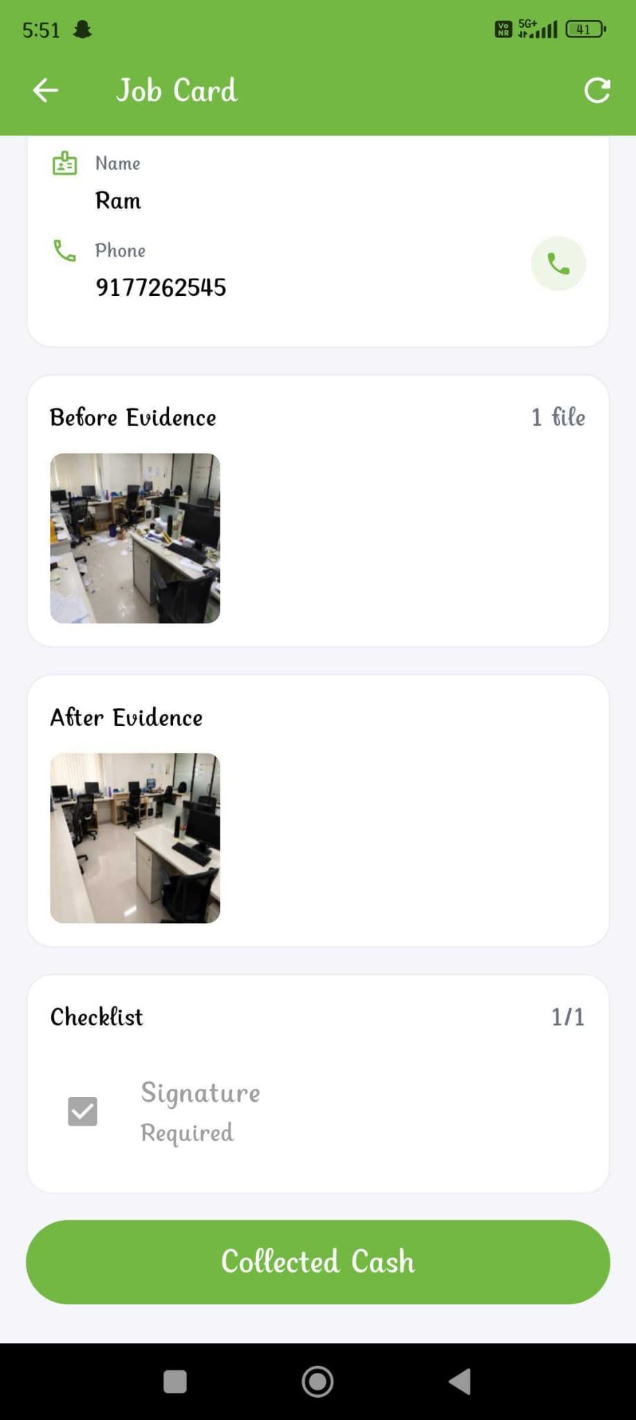 FacilityPro job card with before and after cleaning evidence