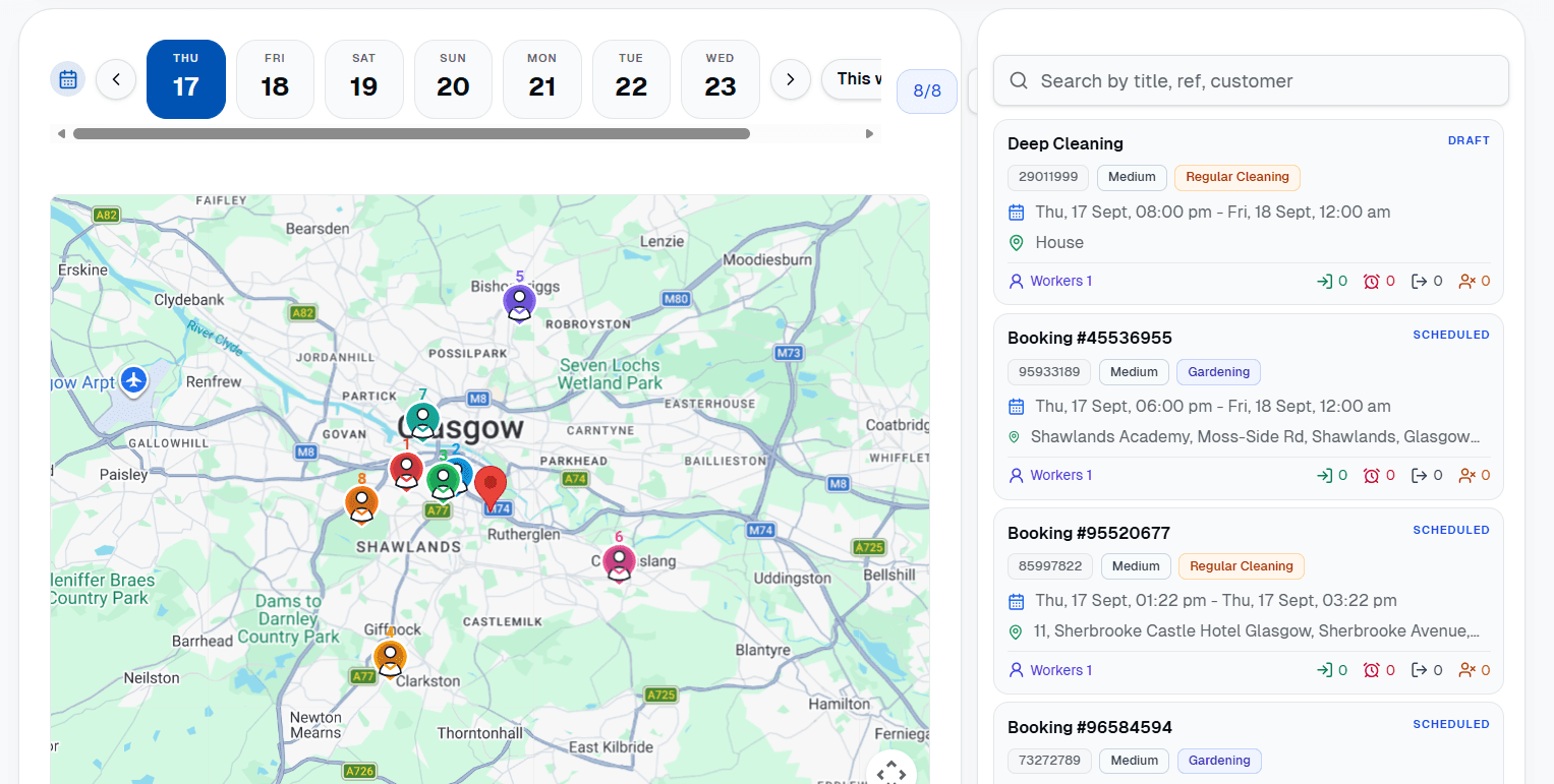 FacilityPro schedule and job map for cleaning operations